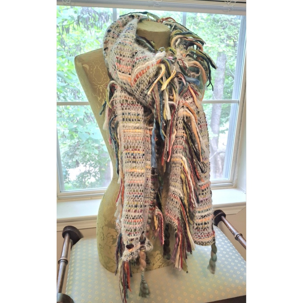 World Market Funky Colorful Crochet Knit Scarf W/Fringe Fall Winter Boho
